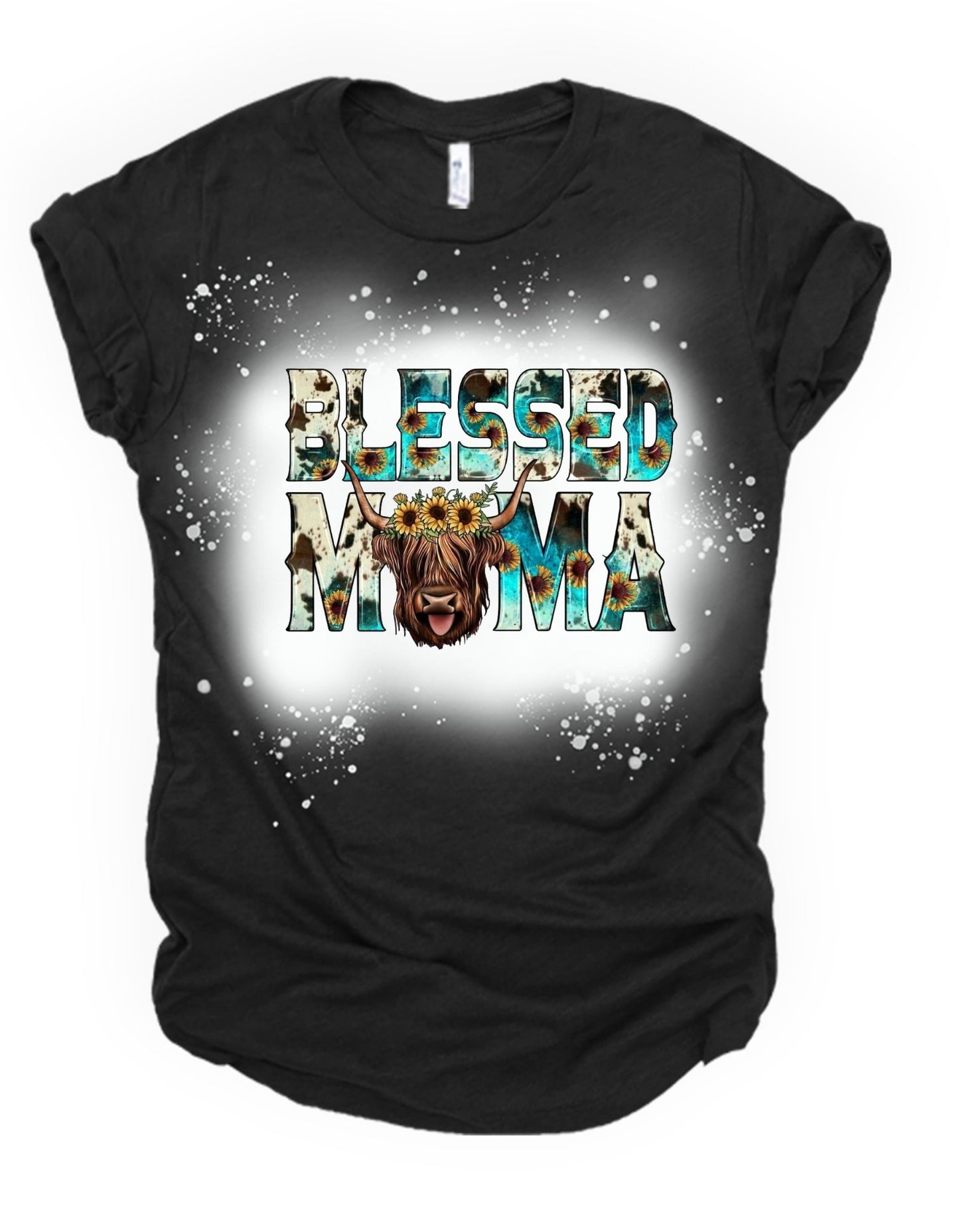 Blessed mama highland cow bleached tee - 4 little hearts