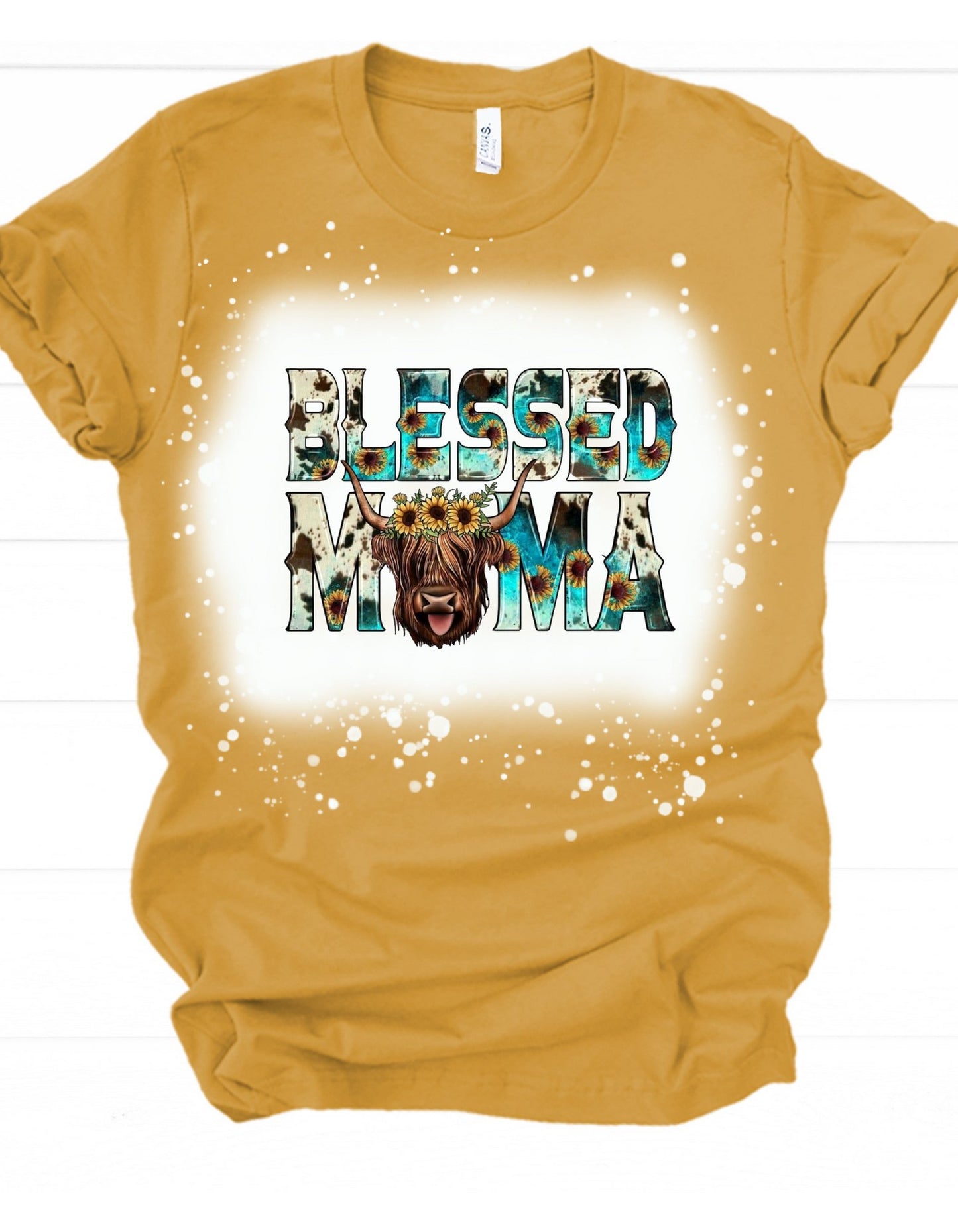 Blessed mama highland cow bleached tee - 4 little hearts