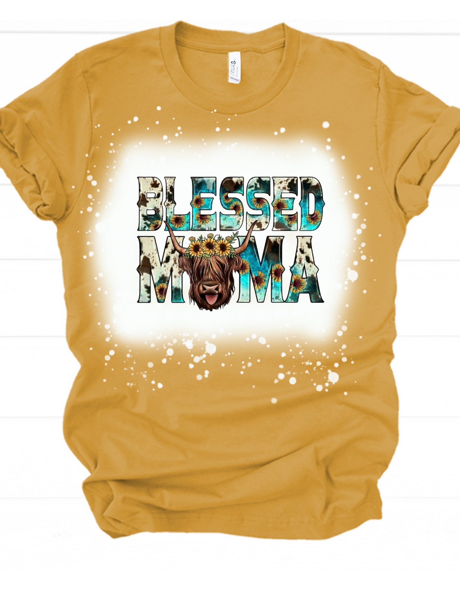 Blessed mama highland cow bleached tee - 4 little hearts