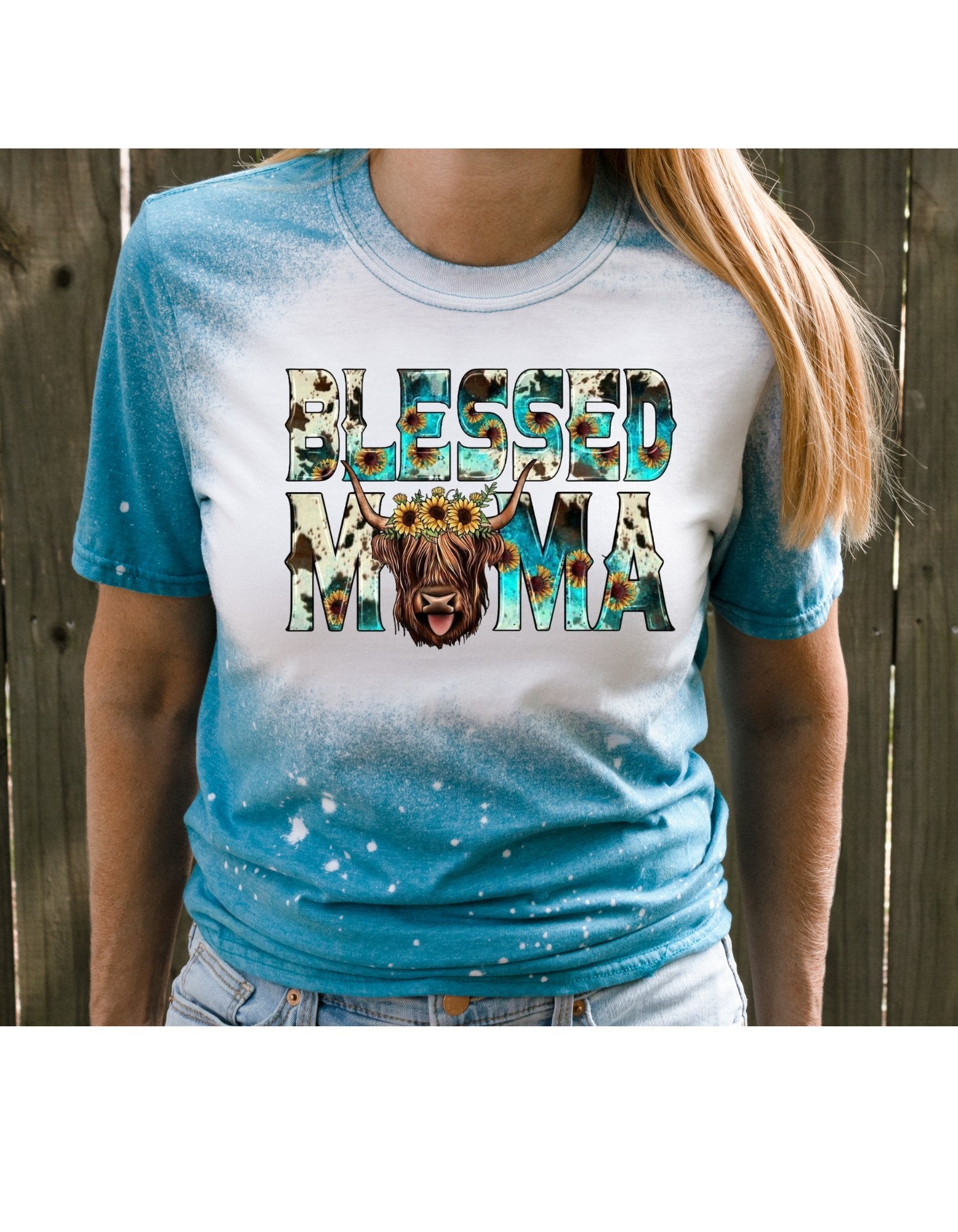 Blessed mama highland cow bleached tee - 4 little hearts