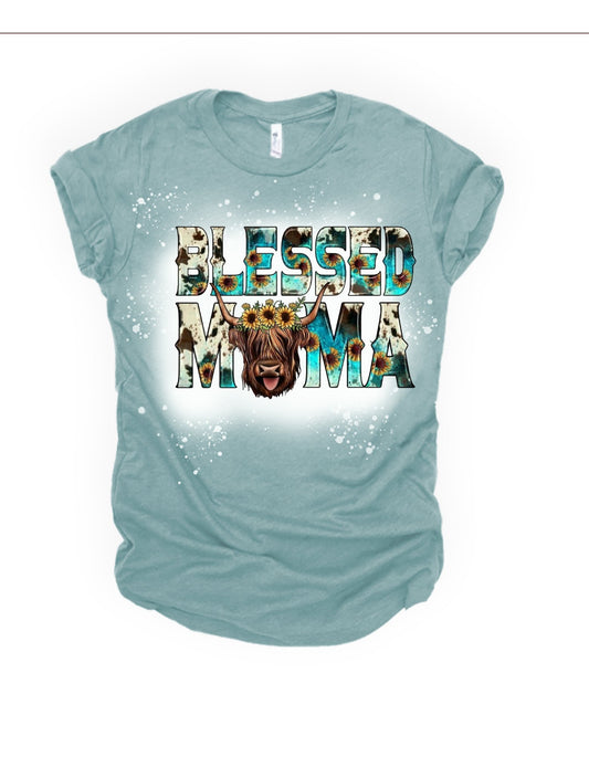 Blessed mama highland cow bleached tee - 4 little hearts
