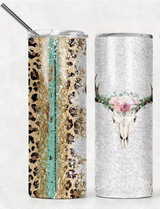 Country bull cow leopard western 20 oz skinny tumbler - 4 little hearts
