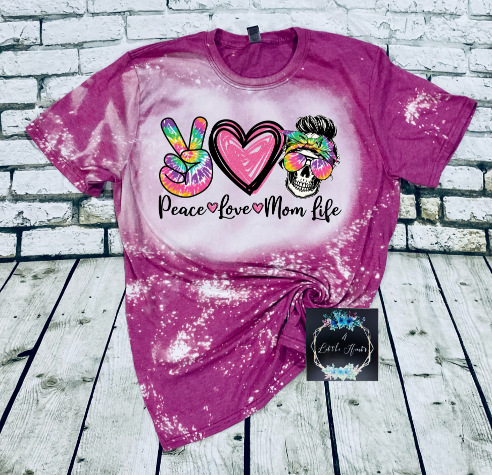 Peace love mom life tie dye bleached tee - 4 little hearts