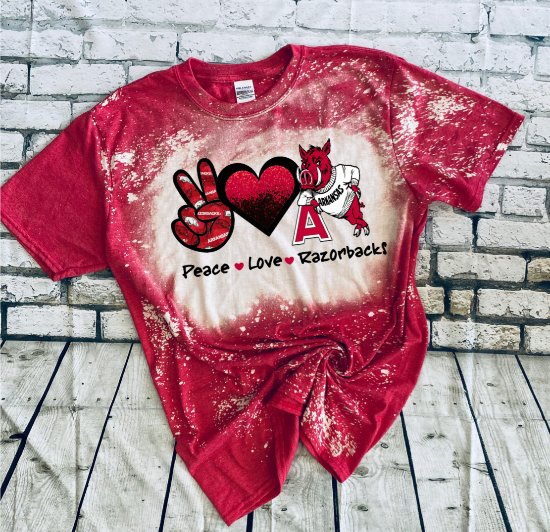 Peace love razorbacks bleached tee - 4 little hearts