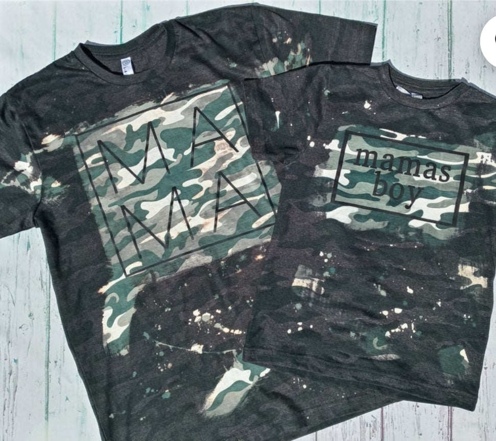 Mama bleached green camo t shirt / mammas boy shirt/ bleached mom and son shirt - 4 little hearts